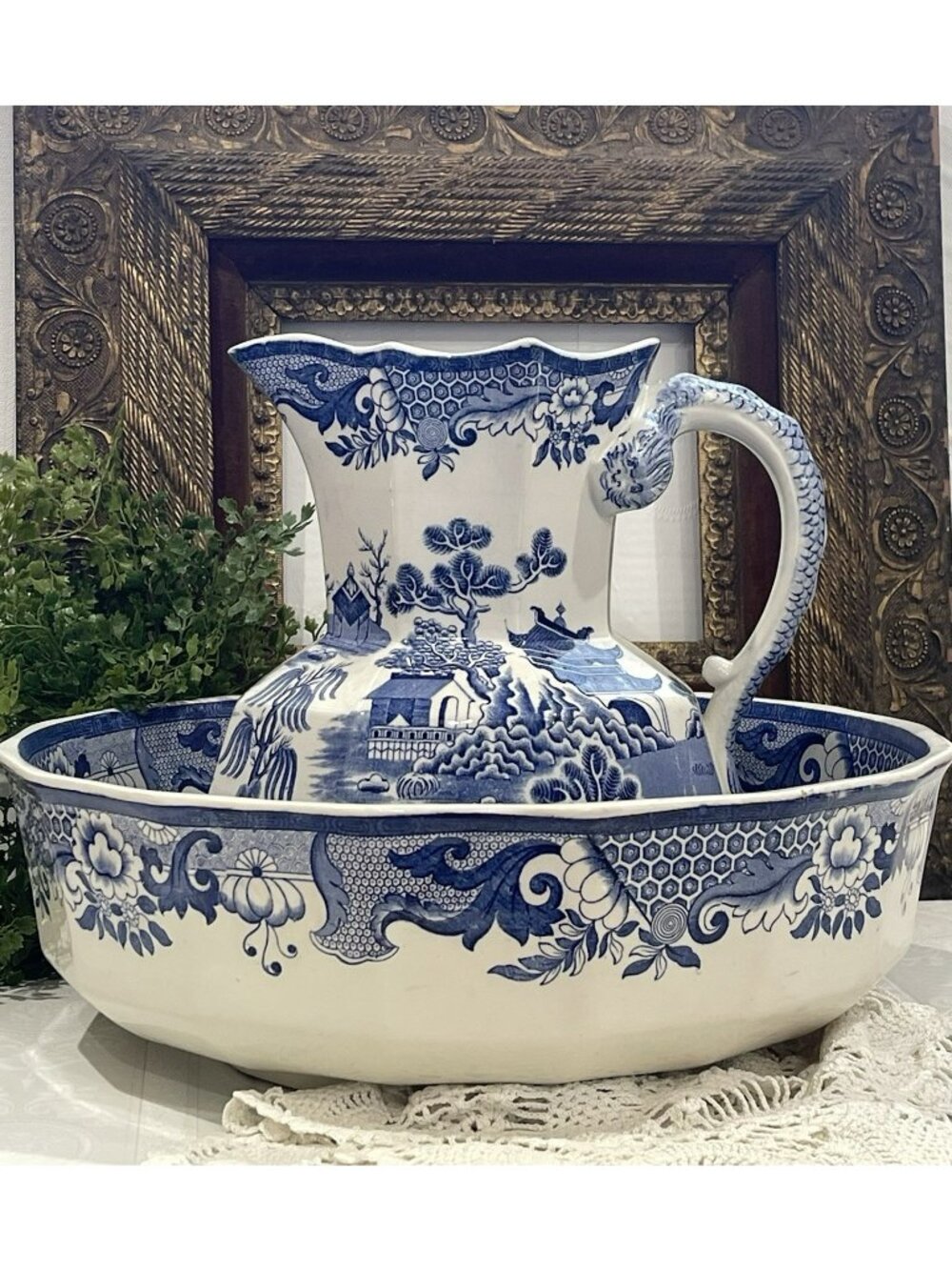 Antique Masons Ironstone Blue Willow Wash Bowl Basin Pitcher Set 1820 16 X 12 In